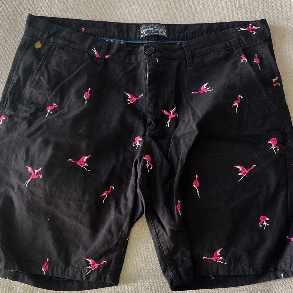 Scotch & Soda Black Shorts with Pink Flamingo Print